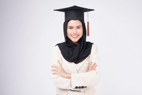 Young Muslim Woman Graduated White Background Studio — 图库照片