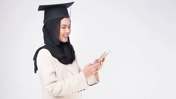 Young Muslim Woman Graduated White Background Studio —  Fotos de Stock
