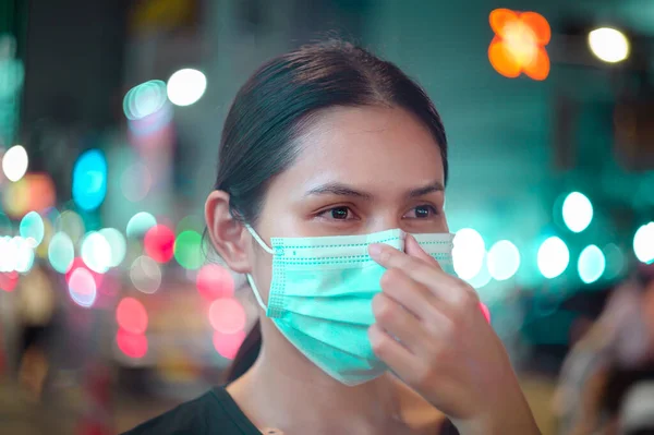 Beautiful Woman Wearing Surgical Mask Outdoor Covid Health Pollution Concept — Stock Fotó