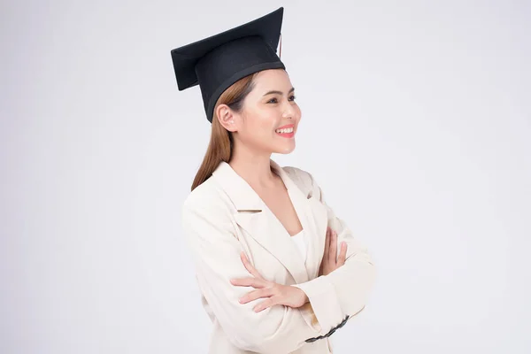 Portrait Young Woman Graduated White Background — Stock Photo, Image