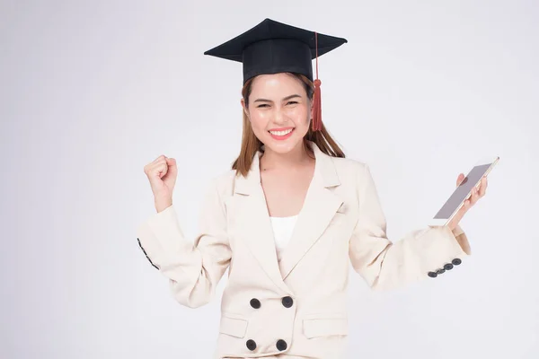 Portrait Young Woman Graduated White Background — Stock Photo, Image