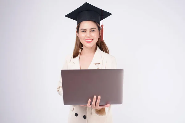 Portrait Young Woman Graduated White Background — Stock Photo, Image