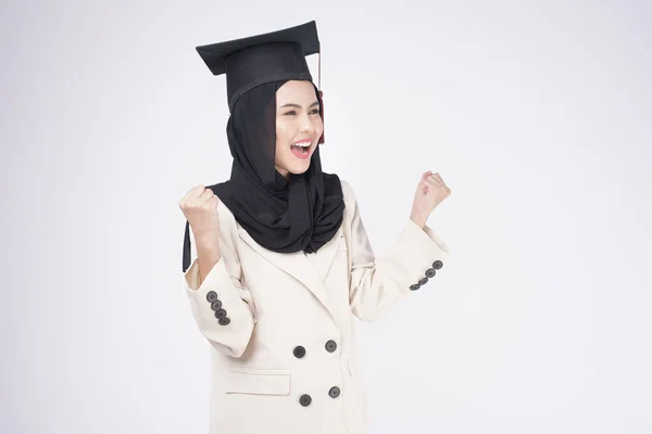 Young Muslim Woman Graduated White Background Studio — Zdjęcie stockowe