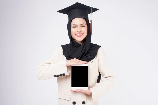 Young Muslim Woman Graduated White Background Studio — Zdjęcie stockowe