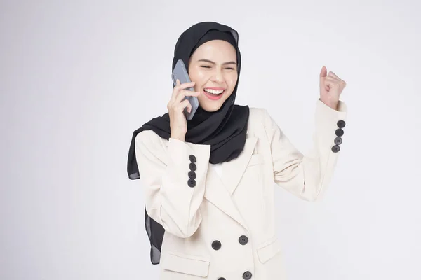 Portrait Young Beautiful Muslim Woman Suit Using Smart Phone White — Stock Photo, Image