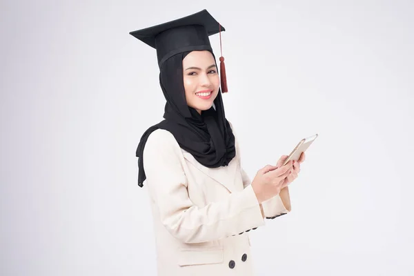Young Muslim Woman Graduated White Background Studio — Zdjęcie stockowe
