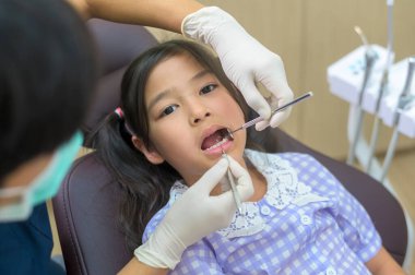 Dişçi kliniğinde dişlerini kontrol ettiren küçük tatlı bir kız diş kontrolü ve sağlıklı diş konsepti.