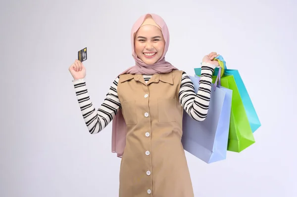 Young Beautiful Muslim Woman Suit Holding Colorful Shopping Bags White — Stock Photo, Image