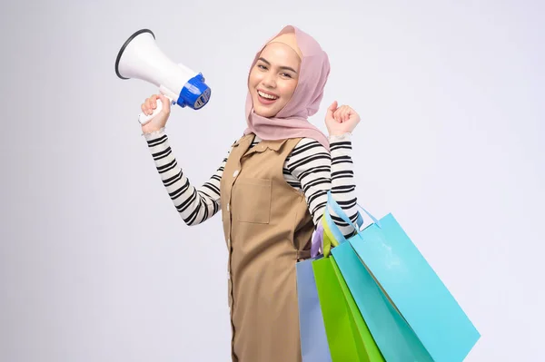 Young Beautiful Muslim Woman Suit Holding Colorful Shopping Bags White — Stock Photo, Image