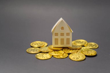 Kripto para birimi bitcoin, bitcoin madencilik ve finansal konsepti olan küçük beyaz bir model ev.