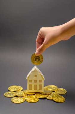 Kripto para birimi bitcoin, bitcoin madencilik ve finansal konsepti olan küçük beyaz bir model ev.