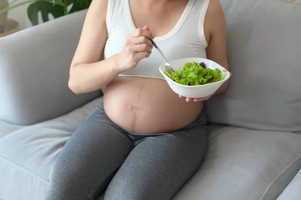 Evde Salata Yiyen Genç Hamile Kadın Sağlık Hamilelik Bakımı — Stok fotoğraf