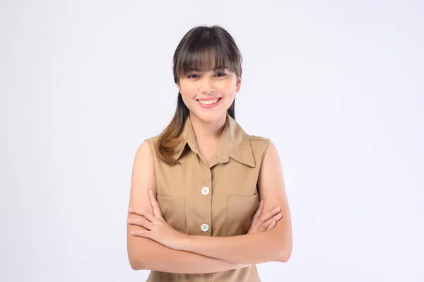 Portrait Young Beautiful Woman Smiling White Background — 图库照片