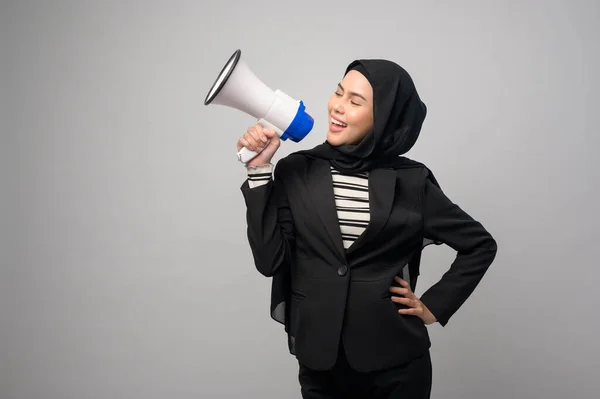 Happy Muslim Woman Announcing Megaphone White Background — 图库照片