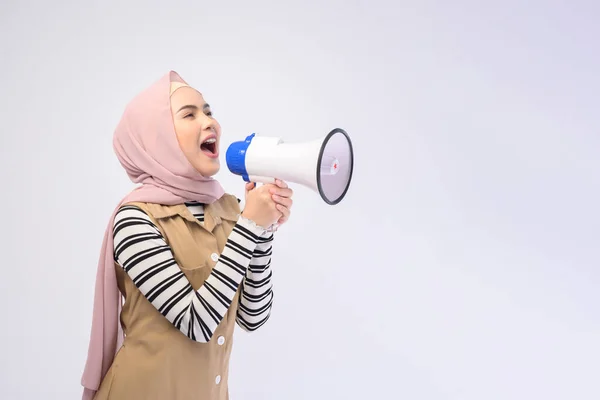 Happy Muslim Woman Announcing Megaphone White Background — 图库照片