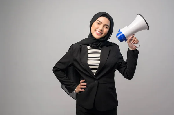 Happy Muslim Woman Announcing Megaphone White Background — 图库照片