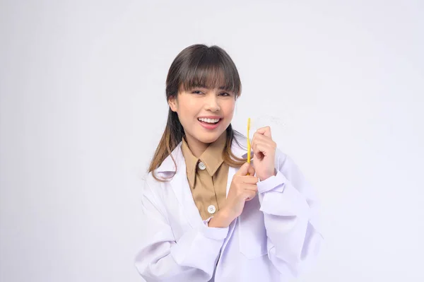 Young Female Dentist Smiling White Background Studio — 图库照片