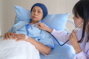 Kemoterapiden sonra başörtüsü takan kanser hastası kadın. Danışmanlık ve hastanede misafir doktor...