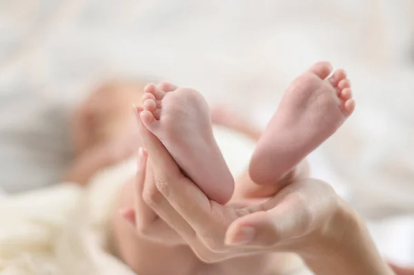 Close Hand Holding New Born Baby Feet — Stockfoto