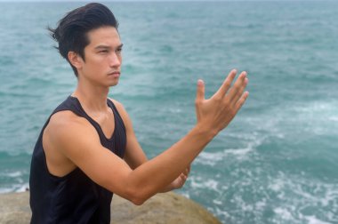Spor giyimli genç adam dövüş sanatları yapıyor, Qigong, Tai Chi deniz kenarındaki kayada, sağlık ve meditasyon konsepti. 
