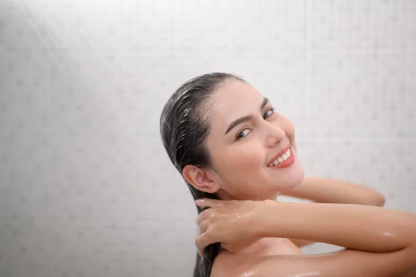 Happy Beautiful Woman Taking Shower — Foto de Stock
