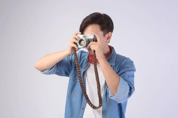 Young Happy Asian Tourist Man White Background Studio Travel Holidays — Stok Foto