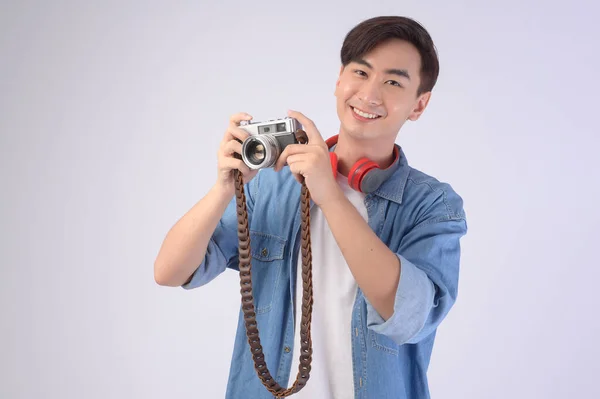 Young Happy Asian Tourist Man White Background Studio Travel Holidays — Photo