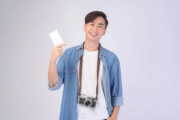 Young Happy Asian Tourist Man White Background Studio Travel Holidays — Photo