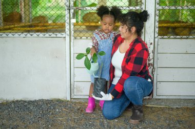 Happy Mixed race mom and girl agronomist  enjoying and working in farmland, agriculture concept