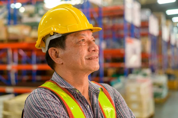 Retrato Sênior Ásia Masculino Trabalhador Vestindo Capacete Moderno Armazém Armazenamento — Fotografia de Stock