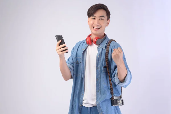 Young Happy Asian Tourist Man White Background Studio Travel Holidays — Zdjęcie stockowe