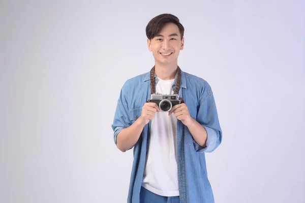 Young Happy Asian Tourist Man White Background Studio Travel Holidays — Fotografia de Stock