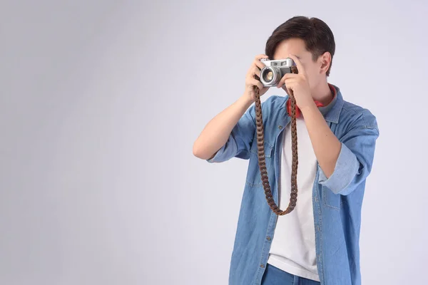 Young Happy Asian Tourist Man White Background Studio Travel Holidays — Foto de Stock