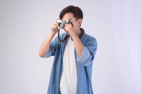 Young Happy Asian Tourist Man White Background Studio Travel Holidays — Stok Foto