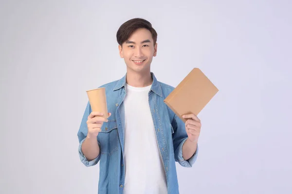 Young Asian Man Holding Paper Cup Paper Box White Background — Zdjęcie stockowe