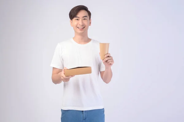 Young Asian Man Holding Paper Cup Paper Box White Background — Zdjęcie stockowe