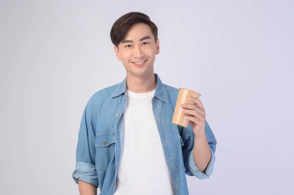 Young Asian Man Holding Paper Cup White Background Earth Concept — Stok fotoğraf