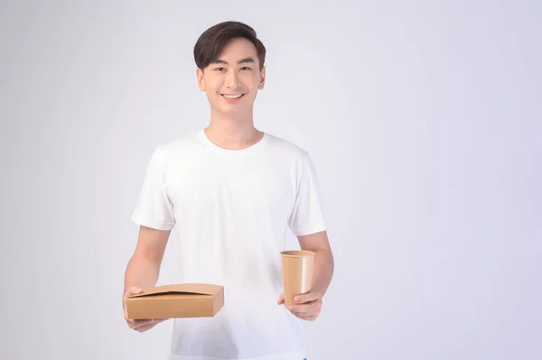 Young Asian Man Holding Paper Cup Paper Box White Background — Fotografia de Stock