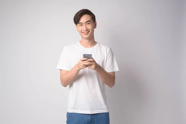 Young Asian Man Using Smartphone White Background Technology Concept — Fotografia de Stock