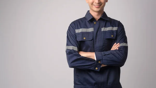 Portrait Male Engineer Wearing Protective Helmet White Background Studio — ストック写真