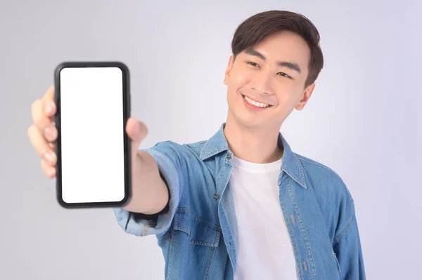 Young Asian Man Using Smartphone White Background Technology Concept — стоковое фото