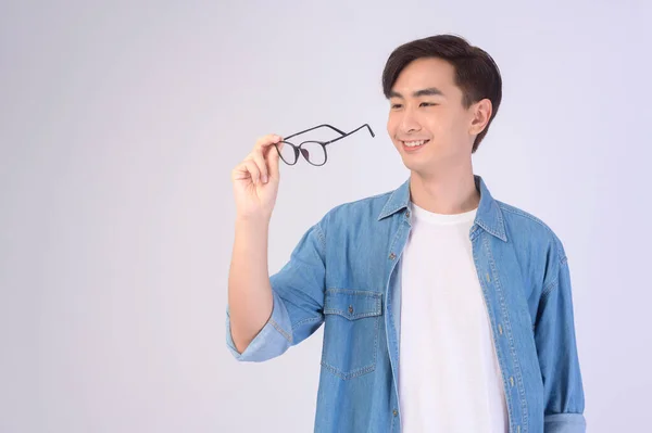 Portrait Asian Man Wearing Glasses White Background Studio Eyecare Concept — Fotografia de Stock