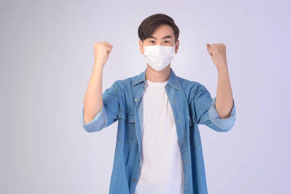 Young Asian Man Wearing Protective Mask White Background Studio Safety — Zdjęcie stockowe