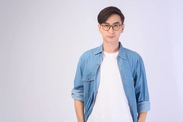 Portrait Asian Man Wearing Glasses White Background Studio Eyecare Concept — Fotografia de Stock