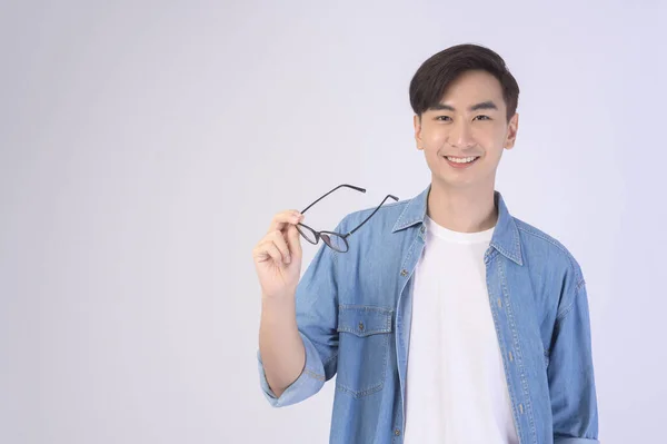 Portrait Asian Man Wearing Glasses White Background Studio Eyecare Concept — Zdjęcie stockowe