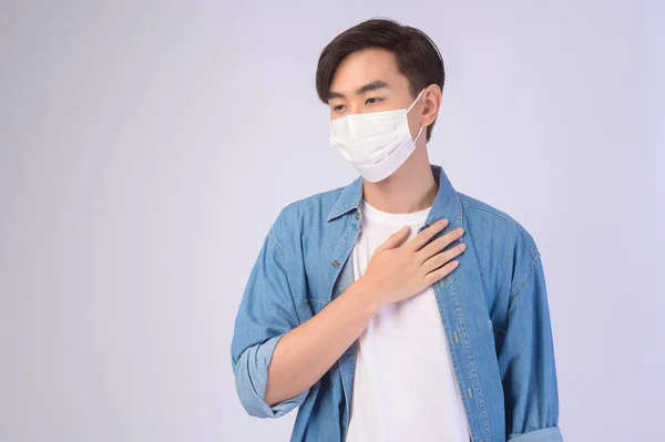 Young Asian Man Wearing Protective Mask White Background Studio Safety — 스톡 사진
