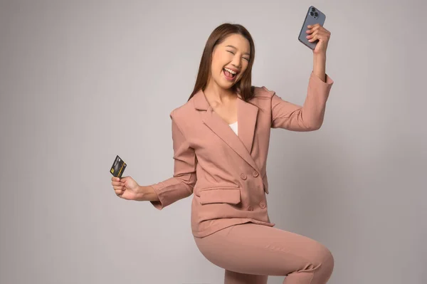 Young Asian Woman Holding Credit Card White Background Studio Shopping — 图库照片