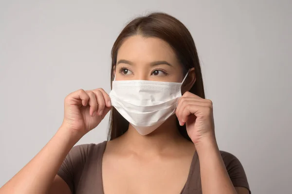 Young Asian Woman Wearing Protective Mask White Background Studio Safety — Stock Fotó