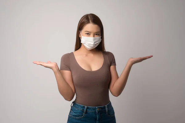 Young Asian Woman Wearing Protective Mask White Background Studio Safety — Stock Fotó