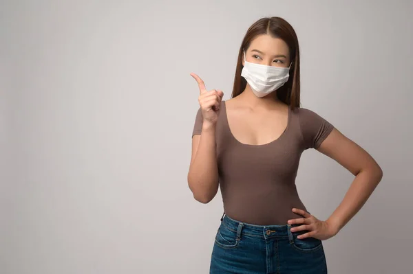 Young Asian Woman Wearing Protective Mask White Background Studio Safety — Stock Fotó